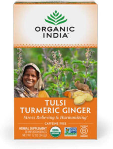 This robust blend combines turmeric with ginger, cinnamon, black pepper, cloves, stevia and tulsi.