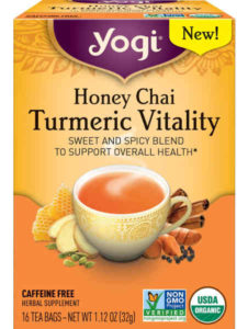 USDA certified organic and non-GMO project verified, this turmeric chai blend contains warming spices that include cinnamon, cardamom, ginger, cloves and black pepper.