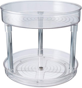 This rotating 2-tier design allows you to quickly see and easily grab your spices kept in the cabinet