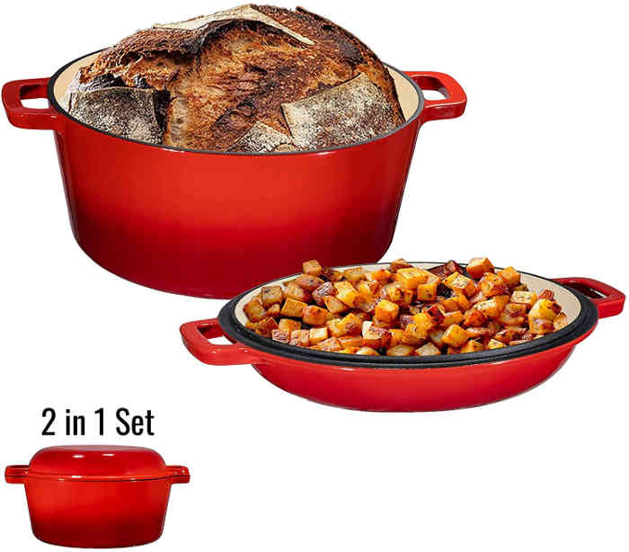 This 5 Quart enameled Dutch oven and dome lid is a dual cooker in one convenient piece.