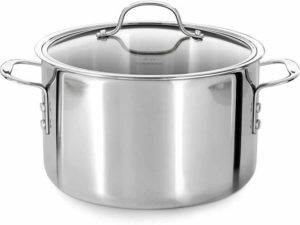 This tri-ply stainless steel pot is designed with two layers of stainless steel surrounding a full aluminum core for excellent heat conductivity, ensuring consistent heating. Ideal for slow-cooking sauces, stocks or broths.