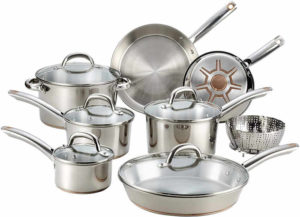 This stainless steel cookware with copper bottom helps channel heat from the center outward. The heavy gauge base is constructed with multiple layers of copper, stainless steel and aluminum for fast, even heat.