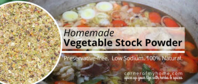 Homemade vegetable stock powder is made with fresh vegetables, herbs and salt blended together.