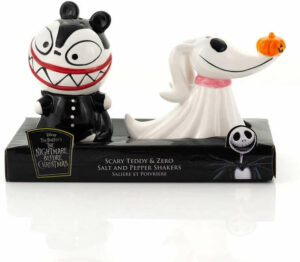 Spice up the able and scare up some fun with this "The Nightmare Before Christmas Scary Teddy & Zero" salt and pepper shaker set.