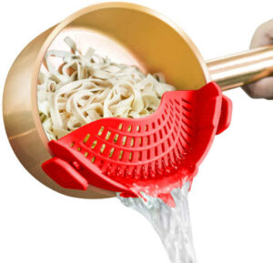 A small, compact strainer, attaches easily with two clips and snaps onto most pots, pans and bowls, big and small.