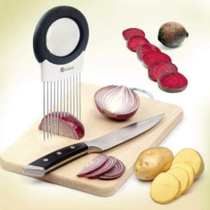 The stainless steel prongs allow one to hold and slice uniform sections of onions, potatoes, tomatoes etc.