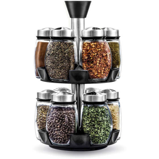 12 Spice glass jars are included in this carousel herbs and spice set. Top cover features pour or shake options.