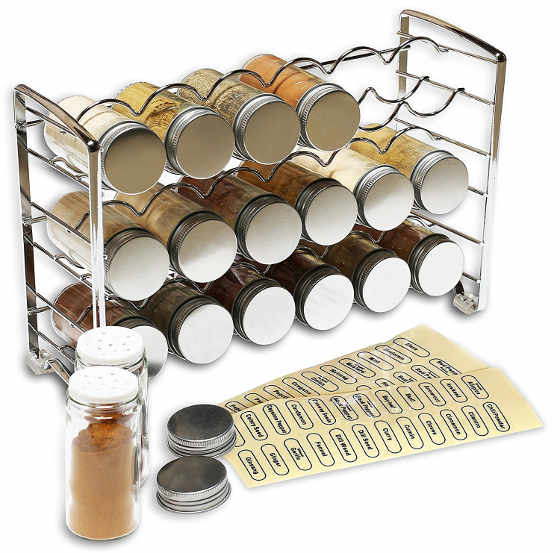 This spice rack stand holder comes with 18 spice bottles and 48 spice labels.