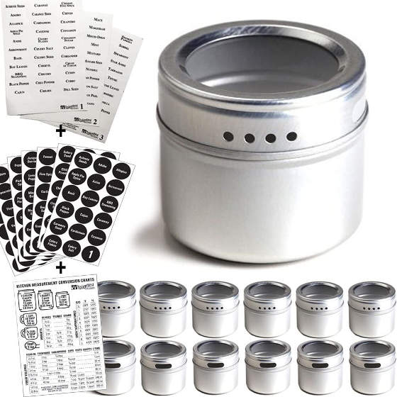 There are 12 spice tins in this set and 113 spices labels are included. The tin cover has a see-through lid and the base with magnetic backing.